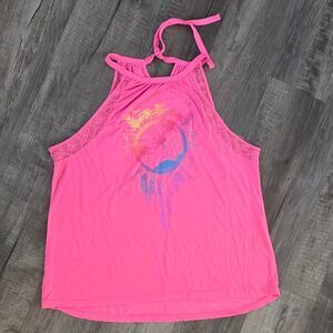 Justice Tank Top Womens XXXL Pink Tropical Graphic Lace Trim Halter Neck 3XL